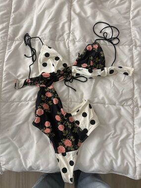 For Love And Lemons Black & White Polka Dot and Pink Floral One-Piece Swimsuit